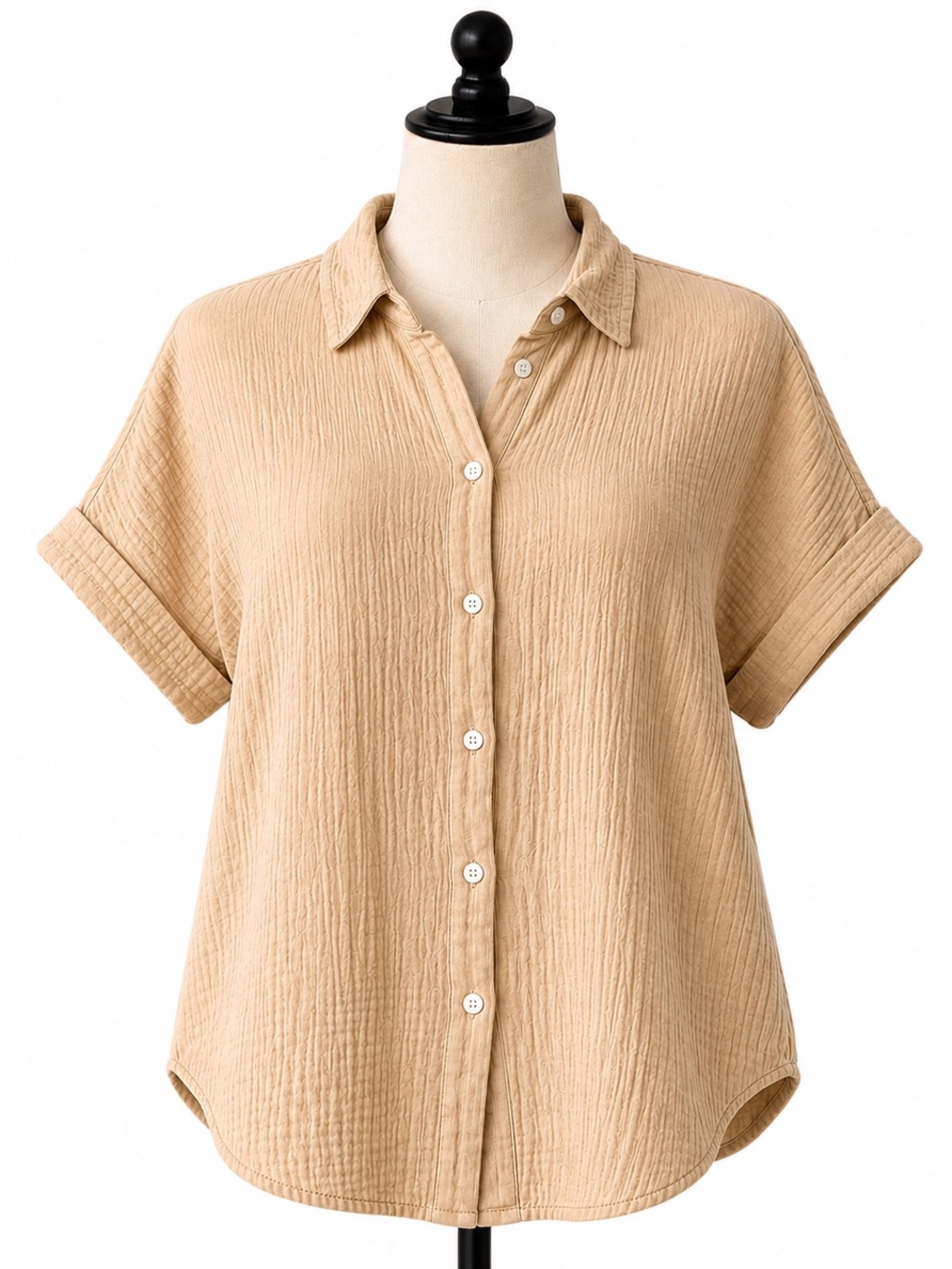 Women's Cotton Mustard Yellow Button-Up Short Sleeve Shirt